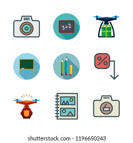 photo icon set. vector set about album, drone, photo camera and pencil icons set.