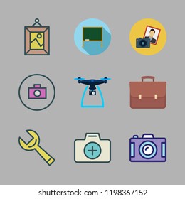 photo icon set. vector set about drone, frame, portfolio and photo camera icons set.