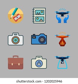photo icon set. vector set about photo camera, album, pencil and drone icons set.