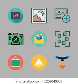 photo icon set. vector set about focus, prism, frame and camera icons set.