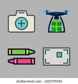photo icon set. vector set about photo camera, drone, pencil and focus icons set.