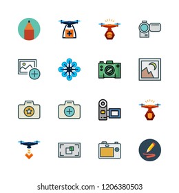 photo icon set. vector set about picture, camera, camcorder and drone icons set.