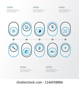 Photo icons colored set with camera front, brush, monochrome and other setting elements. Isolated vector illustration photo icons.