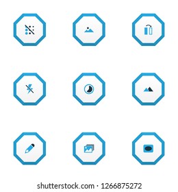 Photo icons colored set with gallery, landscape, timelapse blur off elements. Isolated vector illustration photo icons.