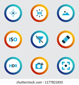 Photo icons colored set with healing, landscape, wb sunny no filter elements. Isolated vector illustration photo icons.