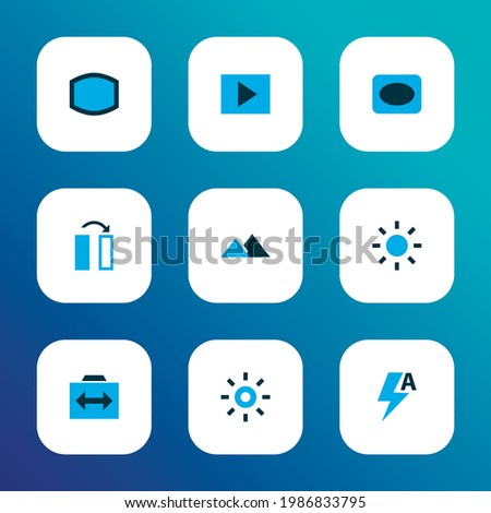 Photo icons colored set with slideshow, effect, vignette and other frame elements. Isolated vector illustration photo icons.