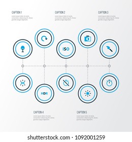 Photo icons colored set with timer, chronometer, rotate and other brightness elements. Isolated vector illustration photo icons.