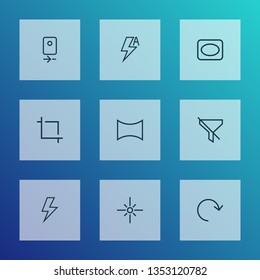 Photo icons line style set with center focus, frame, no filter and other lightning elements. Isolated vector illustration photo icons.