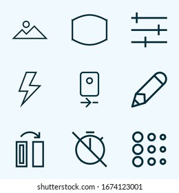 Photo icons line style set with flash, no timer, mountain and other wide angle elements. Isolated vector illustration photo icons.