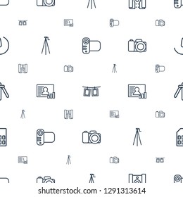 photo icons pattern seamless white background. Included editable outline camera, photos on rope, camera tripod, memory card, stopwatch camera icons. photo icons for web and mobile.