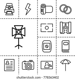 Photo icons. set of 13 editable outline photo icons such as resume, camera, camera display, studio umbrella, soft box