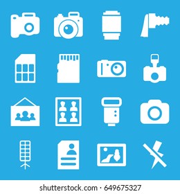 Photo icons set. set of 16 photo filled icons such as resume, camera, camera zoom, soft box, no flash, memory card