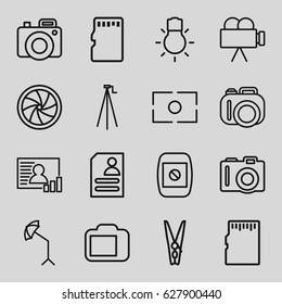 Photo icons set. set of 16 photo outline icons such as camera, resume, camera shutter, studio umbrella, cloth pin, memory card