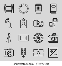 Photo icons set. set of 16 photo outline icons such as camera, clipboard, camera shutter, studio umbrella, soft box, light exposure