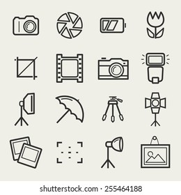 Photo icons. Set of 16 symbols for a photographic theme. Vector collection of outline elements isolated on white background.  