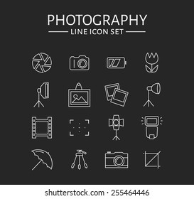 Photo icons. Set of 16 symbols for a photographic theme. Vector collection of outline elements isolated on black background. 