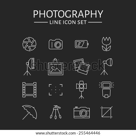 Photo icons. Set of 16 symbols for a photographic theme. Vector collection of outline elements isolated on black background. 