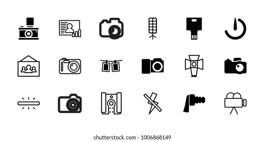 Photo icons. set of 18 editable filled and outline photo icons: camera, camera zoom, soft box, photos on rope, stopwatch camera, no flash