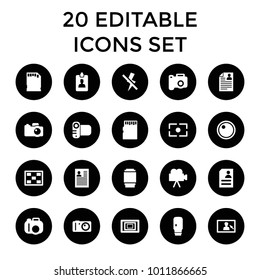 Photo icons. set of 20 editable filled photo icons such as camera, resume, clipboard, camera lense, memory card. best quality photo elements in trendy style.