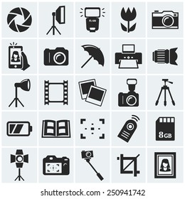 Photo icons. Set of 25 black symbols for a photographic theme. Vector collection of silhouette elements.  