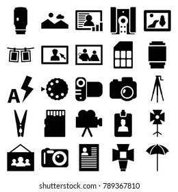 Photo icons. set of 25 editable filled photo icons such as picture, family photo, camera, clipboard, soft box, camera tripod, studio umbrella, cloth pin, auto flash