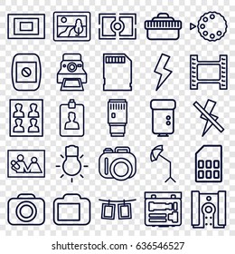 Photo icons set. set of 25 photo outline icons such as clipboard, camera, camera flash, studio umbrella, memory card, flash, no flash, picture