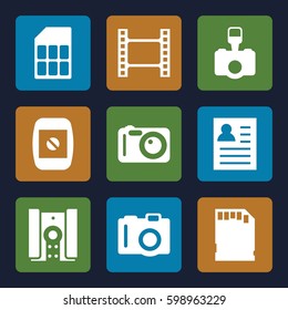 photo icons set. Set of 9 photo filled icons such as camera, camera display, memory card, movie tape