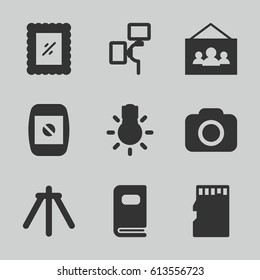 Photo icons set. set of 9 photo filled icons such as camera, camera tripod