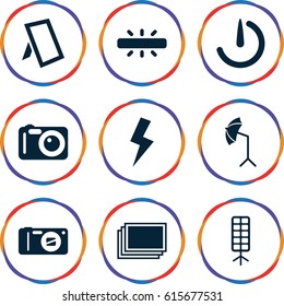 Photo icons set. set of 9 photo filled icons such as photos, camera, studio umbrella, soft box, stopwatch camera, flash