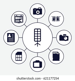 Photo icons set. set of 9 photo filled icons such as camera, soft box, memory card, photos on rope, camera display
