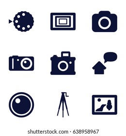 Photo icons set. set of 9 photo filled icons such as camera, camera tripod, photo, home message