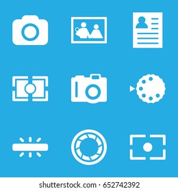 Photo icons set. set of 9 photo filled icons such as camera, camera shutter, resume