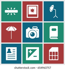 Photo icons set. set of 9 photo filled icons such as studio umbrella, light exposure, camera, memory card