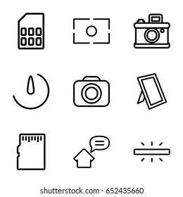Photo icons set. set of 9 photo outline icons such as camera, stopwatch camera, camera focus, photo, home message