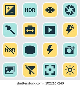 Photo icons set with add a photo, exposure, switch cam and other paintbrush elements. Isolated vector illustration photo icons.