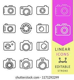 Photo icons set. Black vector illustration isolated for graphic and web design. Editable stroke.
