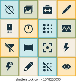Photo icons set with center focus, panorama, blur and other angle elements. Isolated vector illustration photo icons.