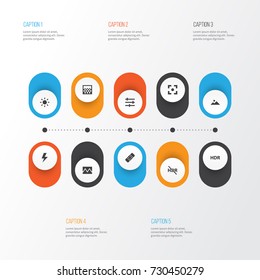 Photo Icons Set. Collection Of Capture, High Dynamic Range, Hdr Off And Other Elements. Also Includes Symbols Such As Gradient, Lightning, Equalizer.