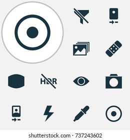 Photo Icons Set. Collection Of Dartboard, Flash, Camera Rear And Other Elements. Also Includes Symbols Such As Apparatus, No, Thunder.