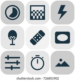 Photo Icons Set. Collection Of Setting, Chessboard, Tree And Other Elements. Also Includes Symbols Such As Thunder, Chessboard, Frame.