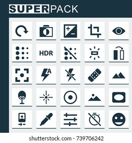 Photo Icons Set. Collection Of Setting, Refresh, High Dynamic Range And Other Elements. Also Includes Symbols Such As Rotate, Timer, Circle.