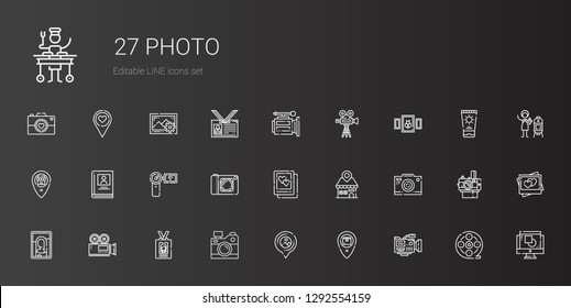 Photo Icons Set. Collection Of Photo With Video Camera, Placeholder, Camera, Id Card, Picture, Photo Camera, Camcorder, Biography, Graphic Design. Editable And Scalable Icons.