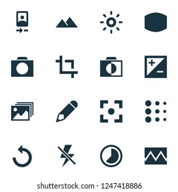 Photo icons set with edit, photographing, monochrome and other center focus elements. Isolated vector illustration photo icons.
