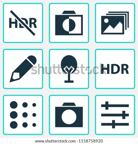 Photo icons set with gallery, hdr, blur and other setting elements. Isolated vector illustration photo icons.