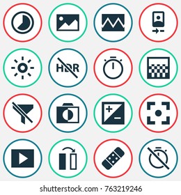 Photo icons set with photo, no filter, accelerated and other picture elements. Isolated vector illustration photo icons.