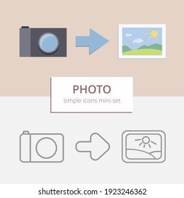 Photo icons - three simple icons (photo camera, arrow and photograph) in color and outline.