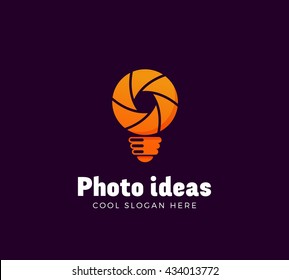 Photo Ideas Abstract Vector Logo Template. Shutter and Light Bulb Concept Symbol. Diaphragm Icon. Photography Sign. Orange Gradient on Dark Background.
