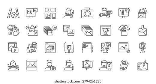 Photo Image Editing icons in line design. photo, image, editing, camera, design, media, retouching on white background vector. Photo Image Editing editable stroke icon