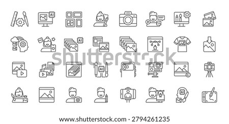 Photo Image Editing icons in line design. photo, image, editing, camera, design, media, retouching on white background vector. Photo Image Editing editable stroke icon