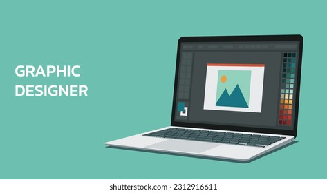 photo or image editing program software on a computer laptop for graphic designer users with color picker tab or color swatch on the screen, flat vector illustration	